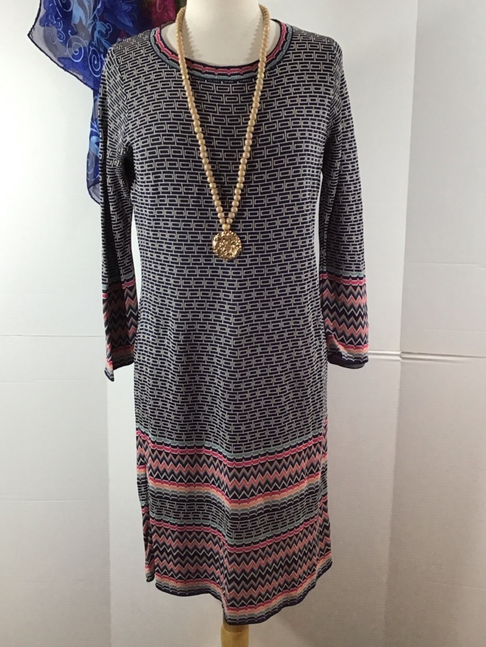 Monsoon Long-Sleeve Geometric Knit Dress in navy blue and cream L
